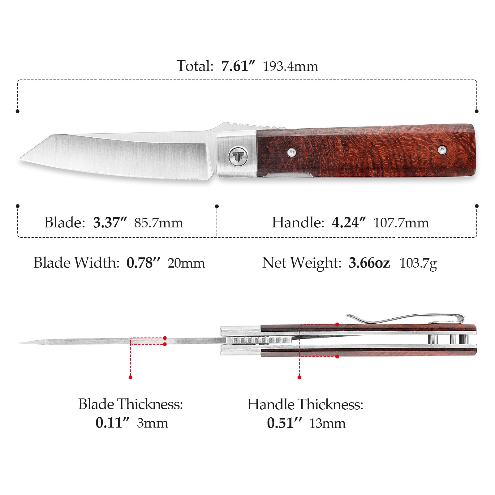 Dolphin-F Liner Lock  Folding Pocket Knife 3.37'' 14C28N Steel Blade,Wood Handle