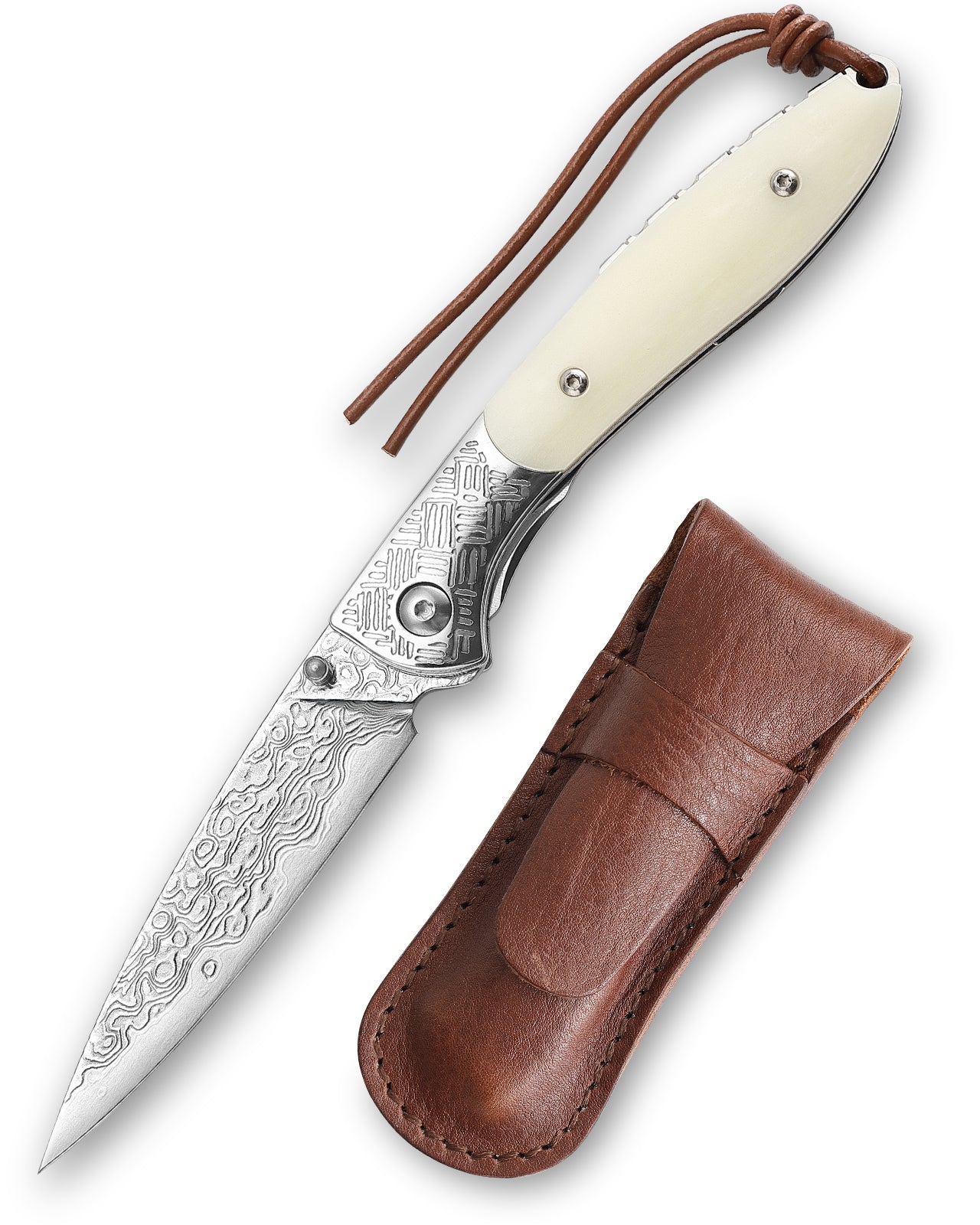 Piscis Austrinus-02W Handmade Pocket Knife with Leather Sheath,3.15in 67 Layers Damascus Steel Blade,Bone Handle