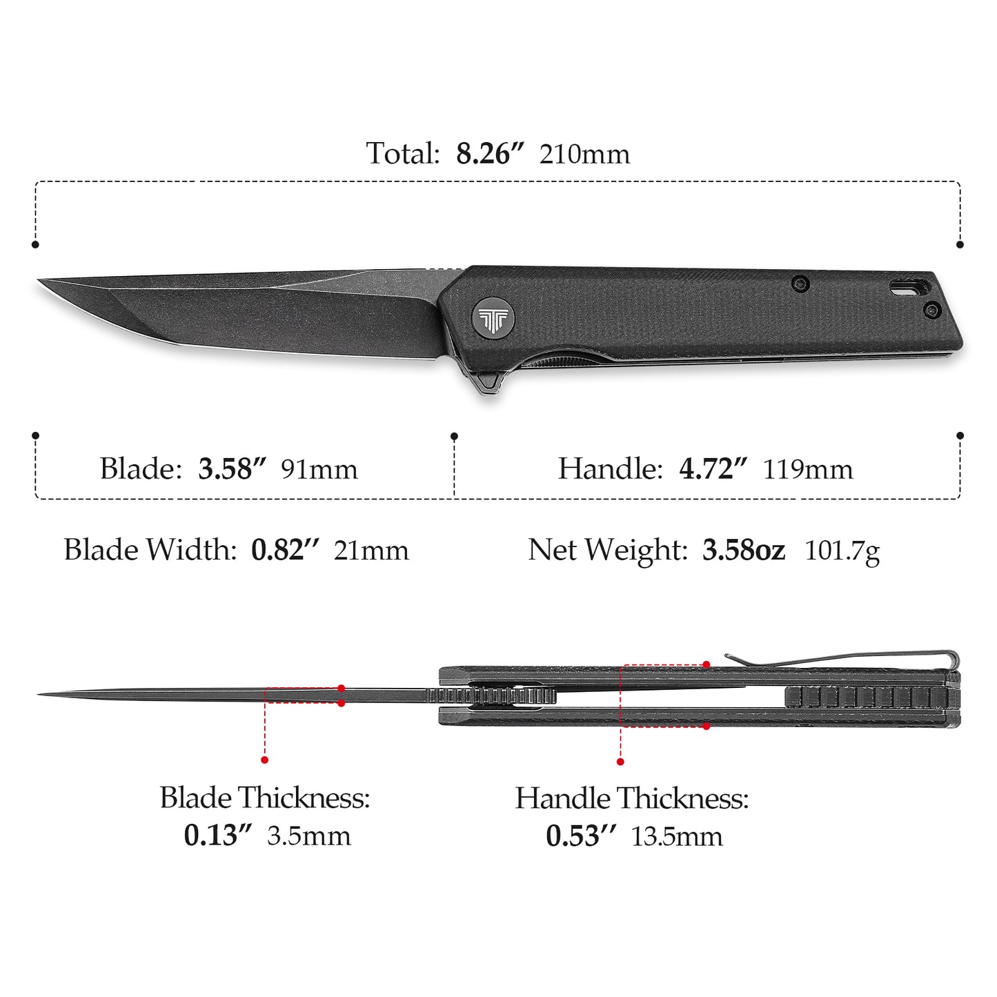 Equ-04B Flipper & Front Flipper Liner Lock,3.58" 10Cr15CoMoV Steel Black Stonewash Blade,Micarta Handle