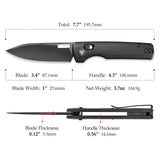 Sabretooth-BM Crossbar Lock Folding Pocket Knife,3.4'' 14C28N Steel Black Stonewashed Blade, Black Micarta Handle