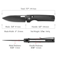 Sabretooth-BM Crossbar Lock Folding Pocket Knife,3.4'' 14C28N Steel Black Stonewashed Blade, Black Micarta Handle
