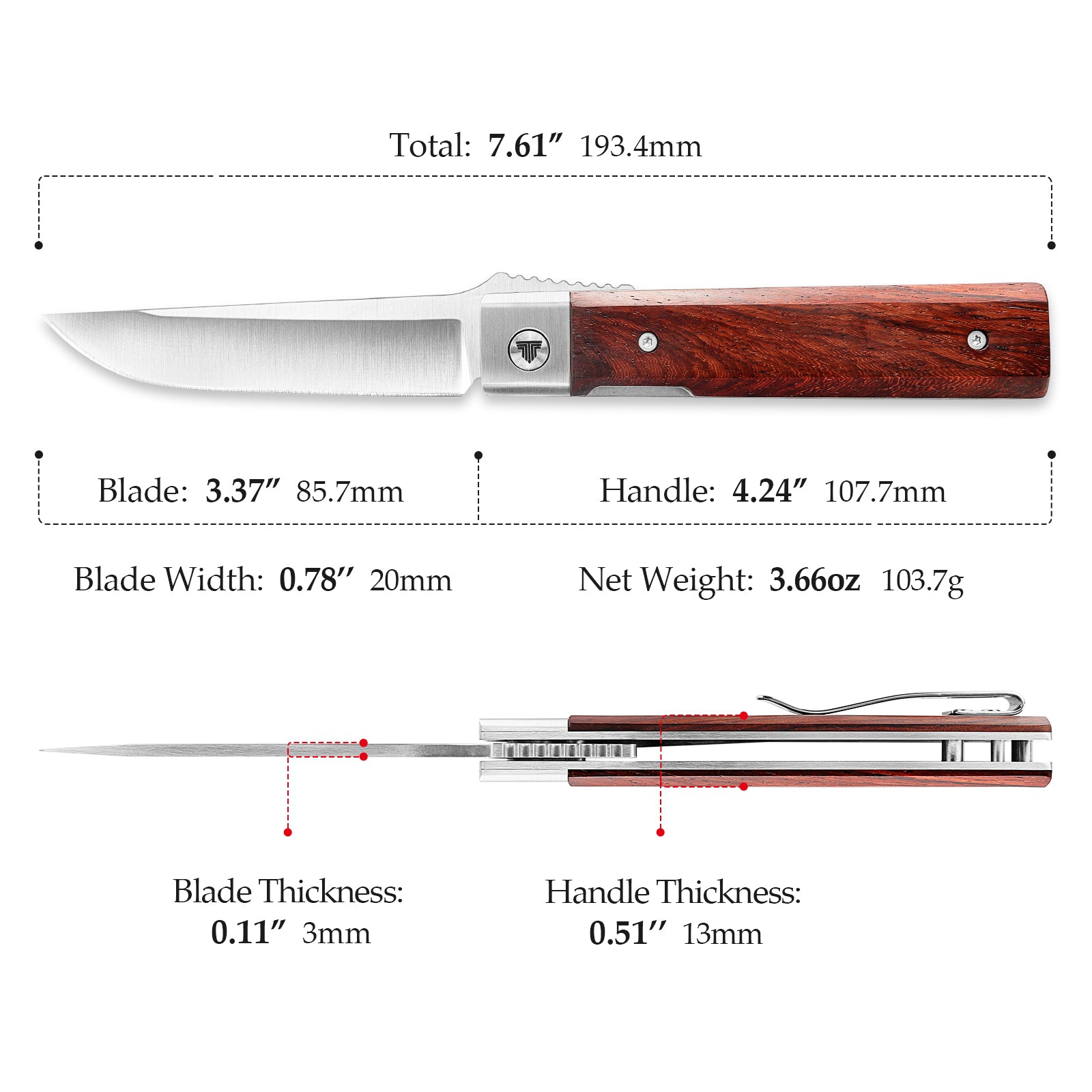 Dolphin-J Liner Lock  Folding Pocket Knife 3.37'' 14C28N Steel Blade,Wood Handle