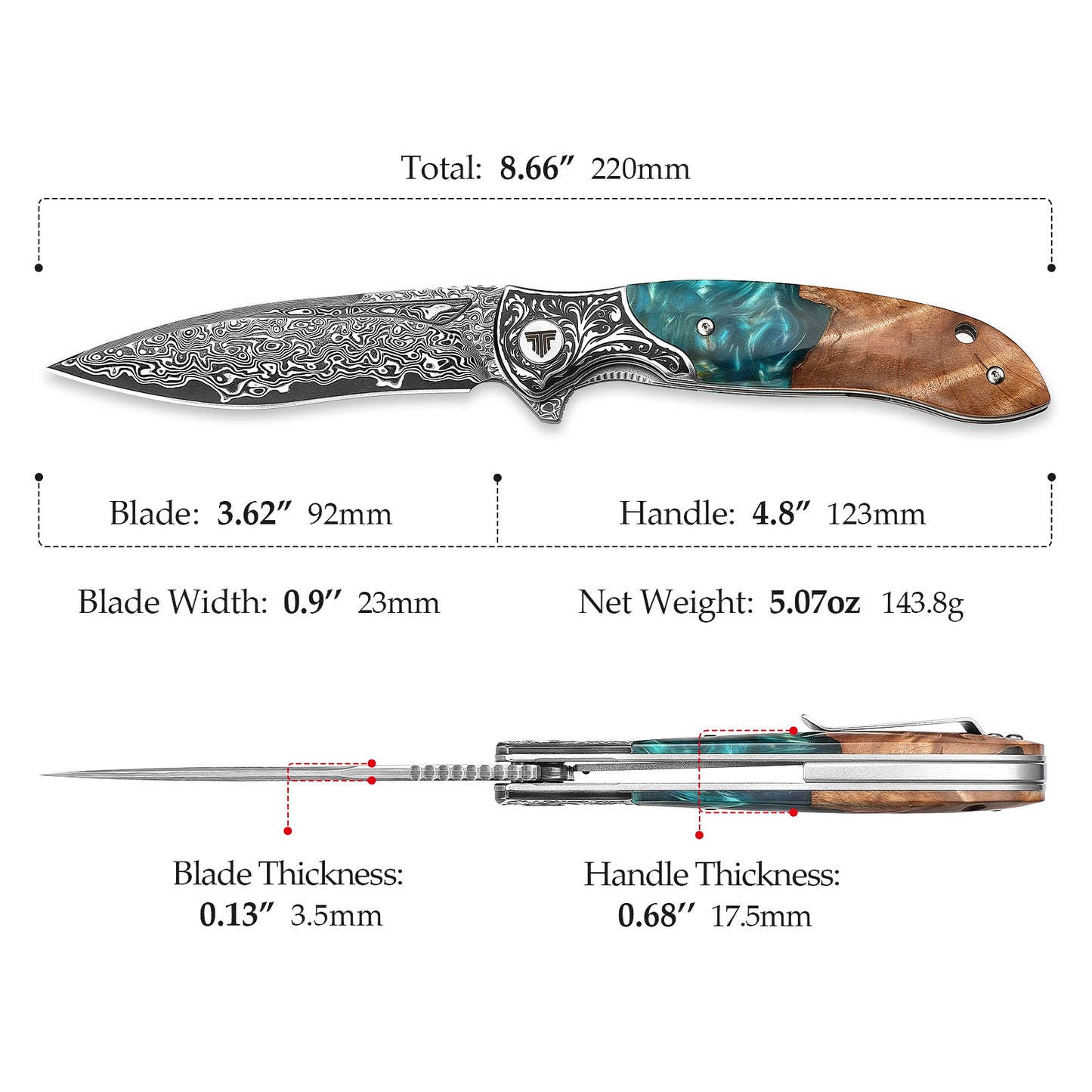 Virgo-07L Handmade Folding Pocket Knife,3.62in 67 Layers Damascus Steel Blade,Resin & Wood Handle with Clip