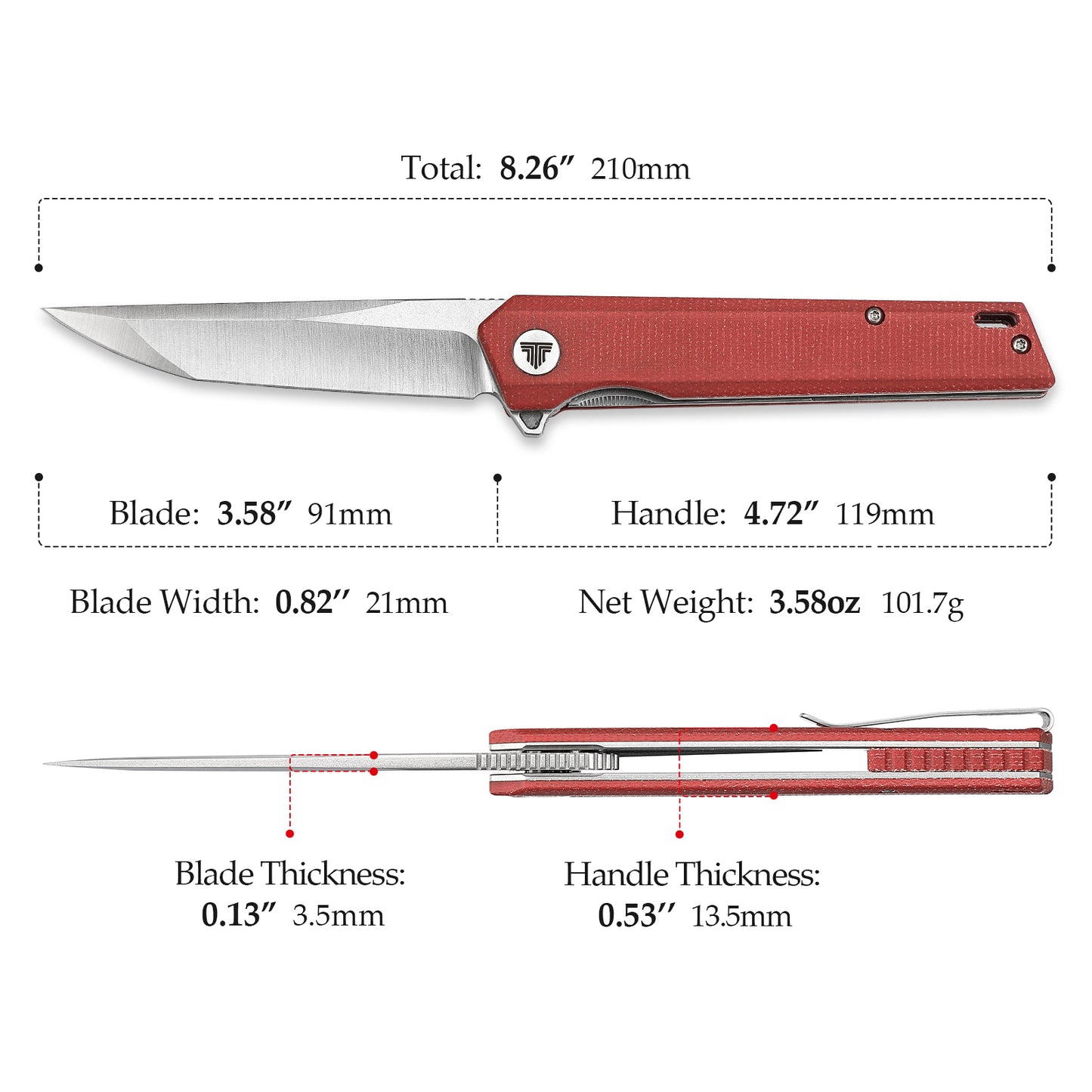 Equ-04R Flipper & Front Flipper Liner Lock,3.58" 10Cr15CoMoV Steel Red Satin & Stonewash Blade,Micarta Handle