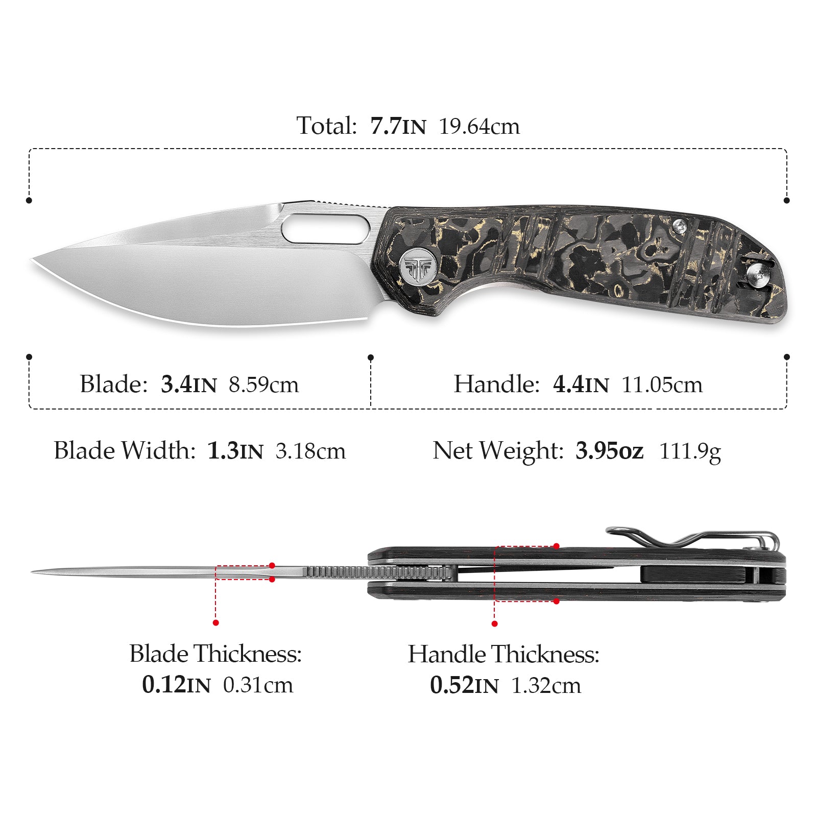 Gecko-YCP Liner Lock Folding Pocket Knife,Pearl and Satin Finished 3.4'' M390 Steel Blade,Ceramic Carbon Fiber Handle