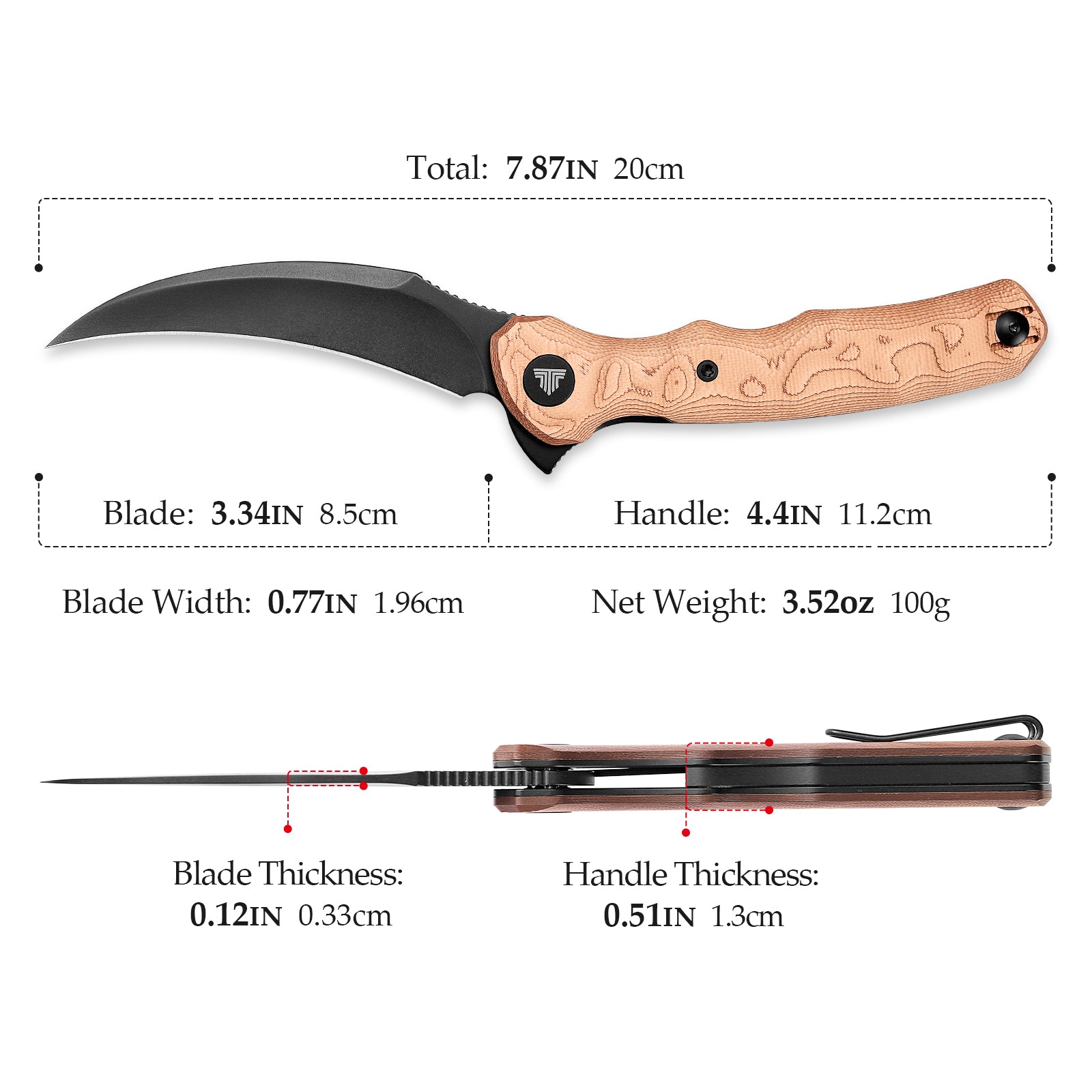 Lacerta-CU Liner Lock EDC Folding Pocket Knife 3.34'' 14C28N Steel Blade,Copper Foil Handle,Tiguass Design