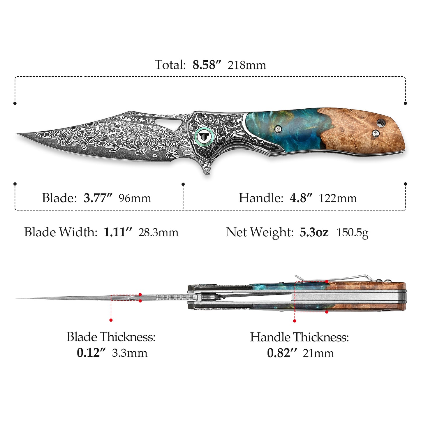 Apus-07C Liner Lock，3.77'' 67 Layesrs Damascus Steel Blade，Steel Bolster & Resin Wood Handle