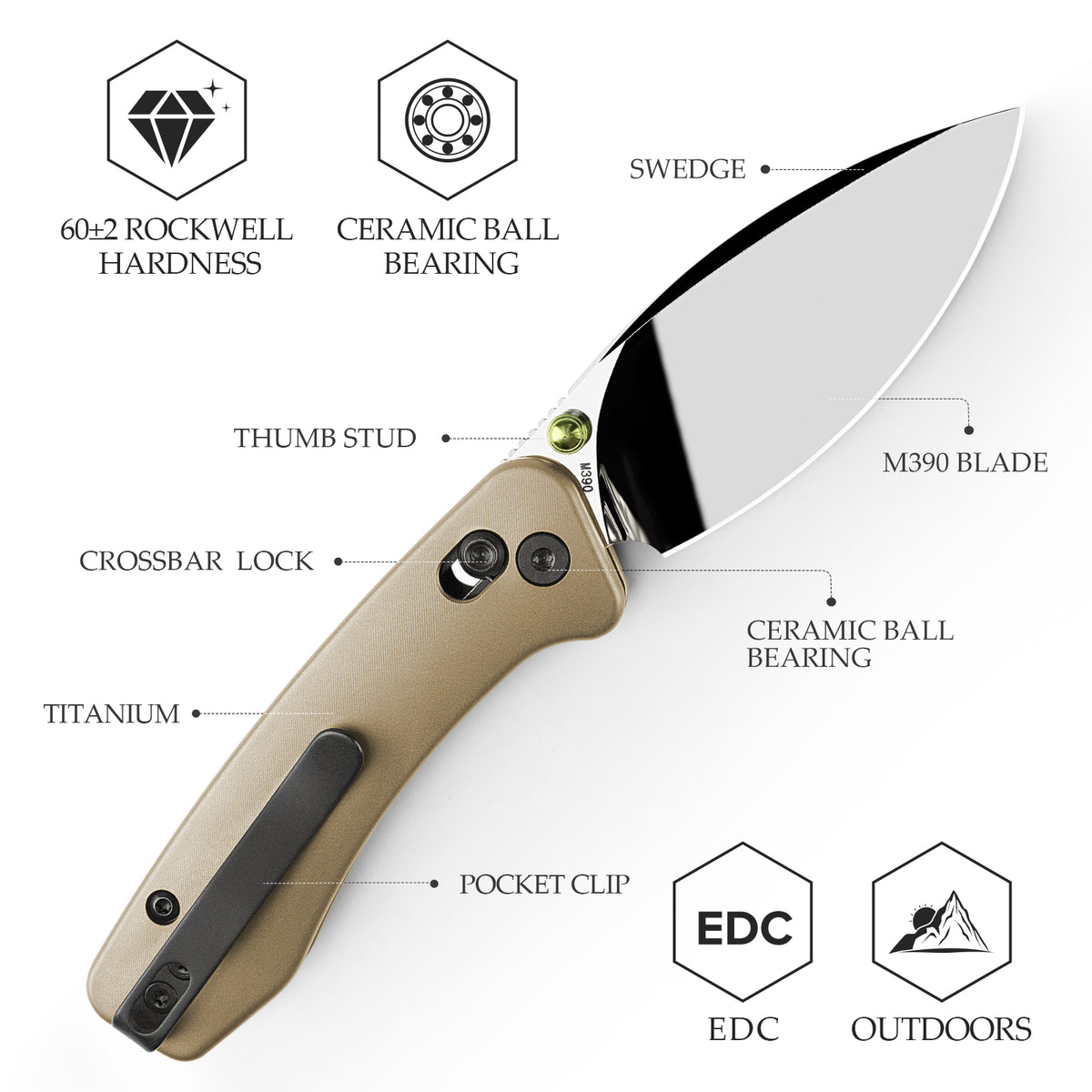 Koala Ultra-M Crossbar Lock EDC Folding Pocket Knife,2.56'' Mirror Polish M390 Steel Blade, Titanium Handle
