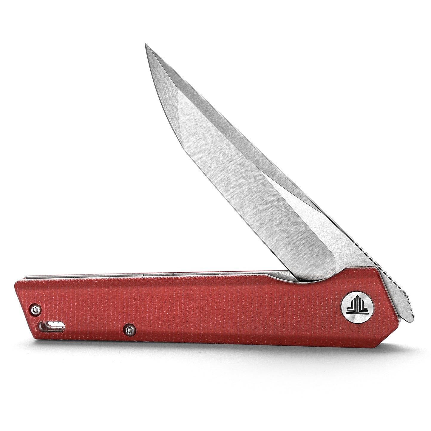 Equ-04R Flipper & Front Flipper Liner Lock,3.58" 10Cr15CoMoV Steel Red Satin & Stonewash Blade,Micarta Handle