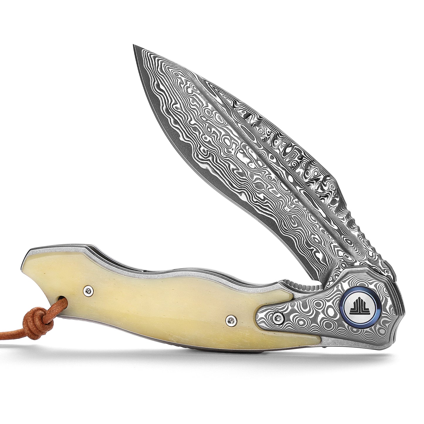 Lepus-02 Liner Lock，4.09'' 67 Layesrs Damascus Steel Blade，Damascus Bolster & Bone Handle