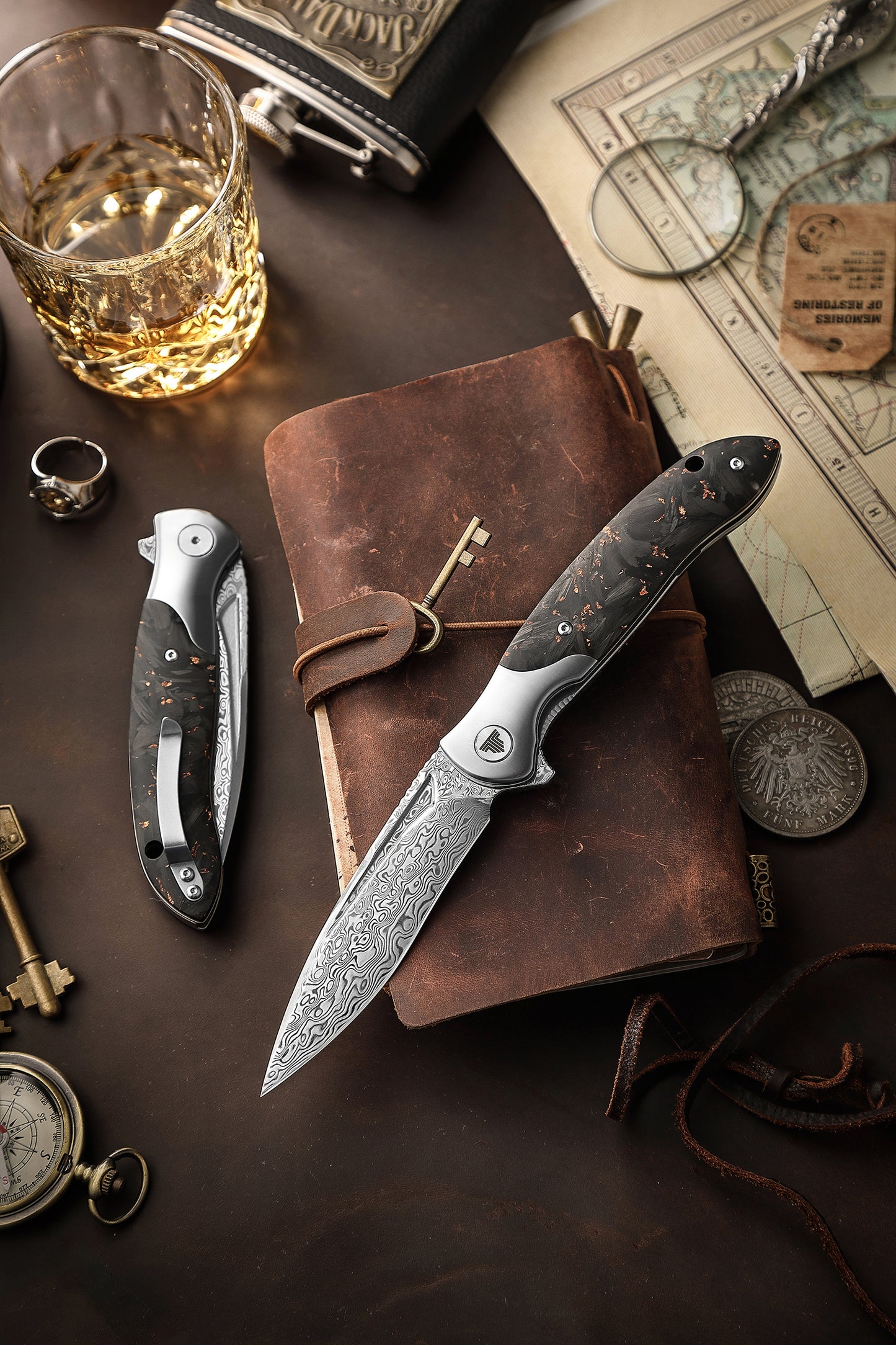 Virgo-05 Handmade Folding Pocket Knife,3.62in 110 Layers Damascus Steel Blade,Titanium bolster and Carbon Fiber Handle with Clip