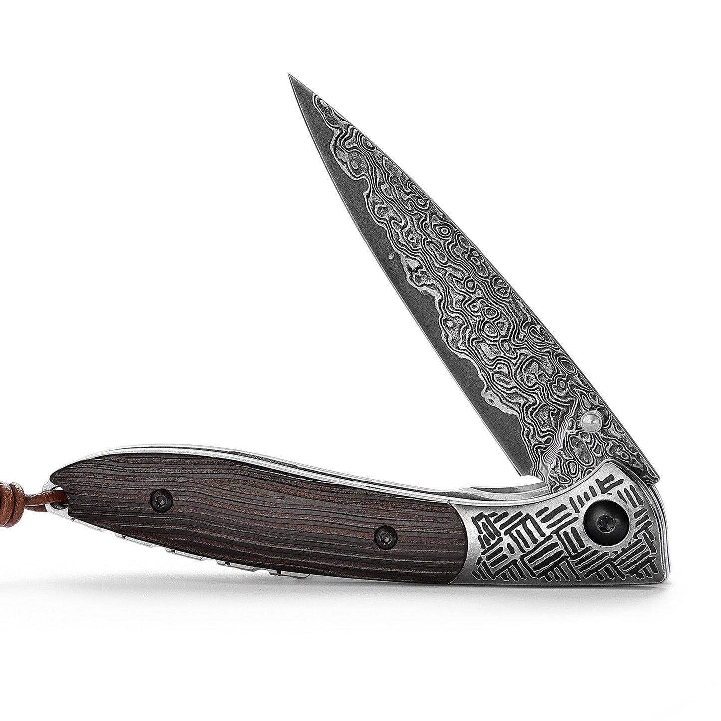 Piscis Austrinus-01E Handmade Pocket Knife with Leather Sheath,3.15in 67 Layers Damascus Steel Blade,Ebony Handle
