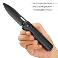 Sabretooth-BM Crossbar Lock Folding Pocket Knife,3.4'' 14C28N Steel Black Stonewashed Blade, Black Micarta Handle