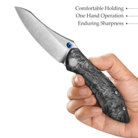 Rhino-W Frame Lock EDC Folding Pocket Knife, 3.2'' M390 Steel Blade, Carbon Fiber Titanium Handle