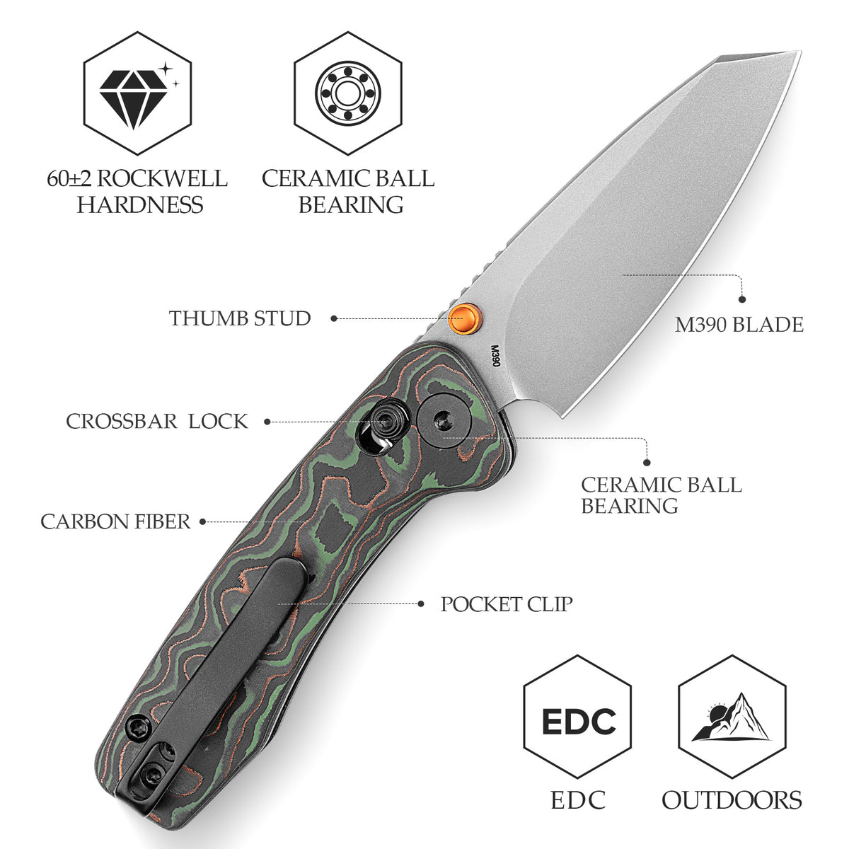 Sloth Ultra-GC Crossbar Lock EDC Folding Pocket Knfe,2.54" M390 Steel Blade, Carbon Fiber Handle