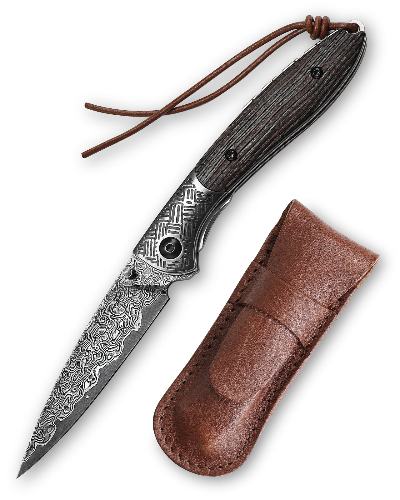 Piscis Austrinus-01E Handmade Pocket Knife with Leather Sheath,3.15in 67 Layers Damascus Steel Blade,Ebony Handle