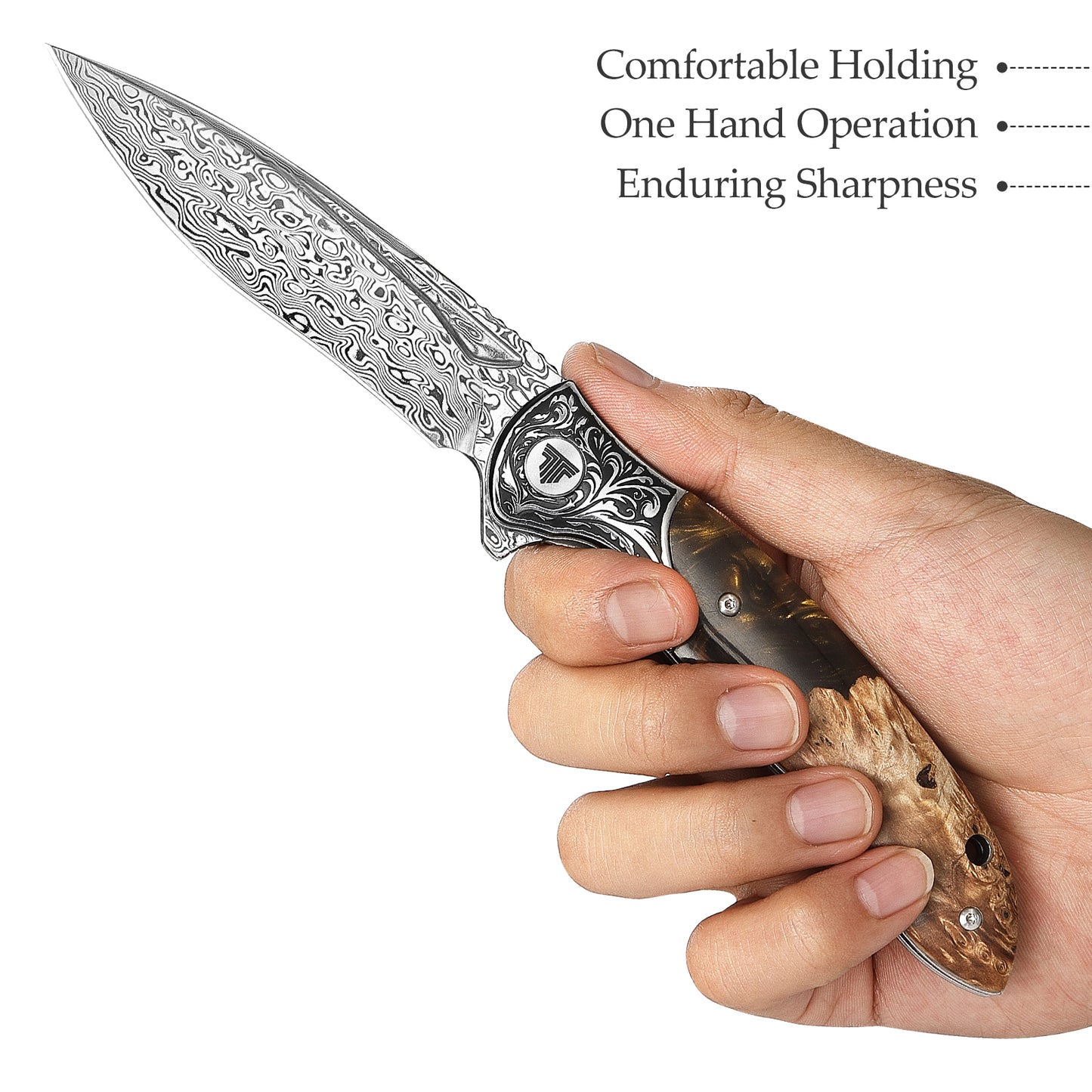 Virgo-07Y Handmade Folding Pocket Knife,3.62in 110 Layers Damascus Steel Blade,Resin & Wood Handle with Clip