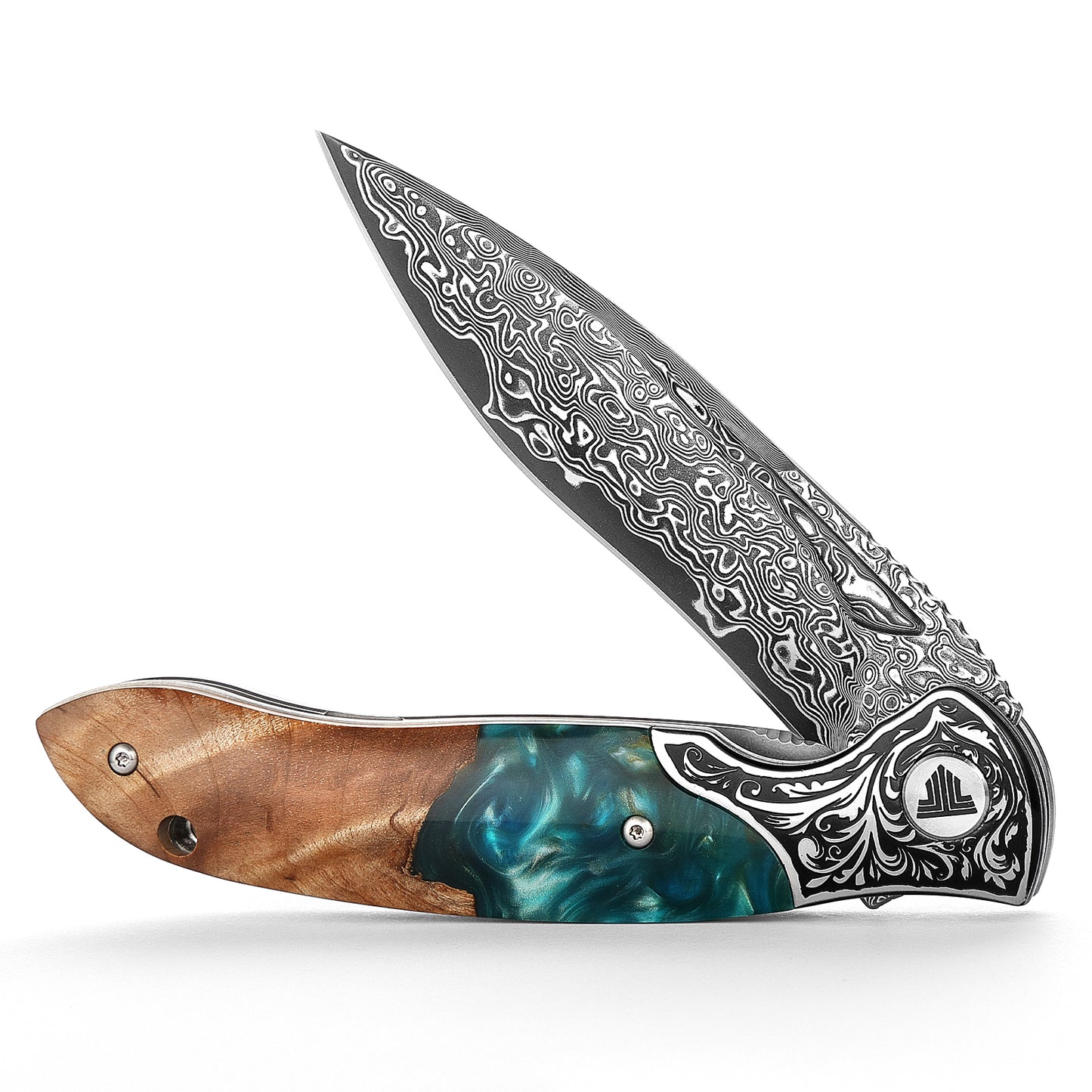 Virgo-07L Handmade Folding Pocket Knife,3.62in 67 Layers Damascus Steel Blade,Resin & Wood Handle with Clip