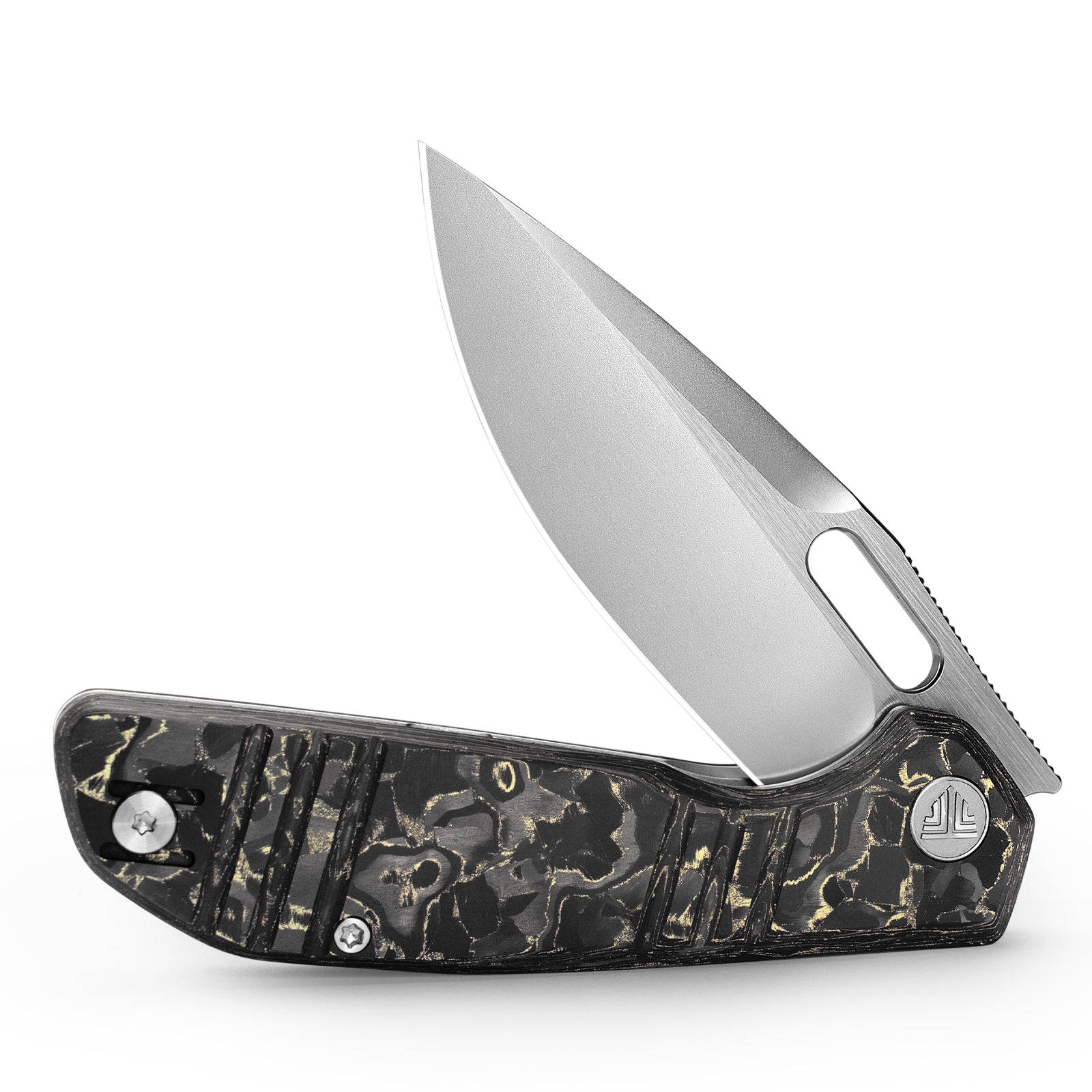 Gecko-YCP Liner Lock Folding Pocket Knife,Pearl and Satin Finished 3.4'' M390 Steel Blade,Ceramic Carbon Fiber Handle
