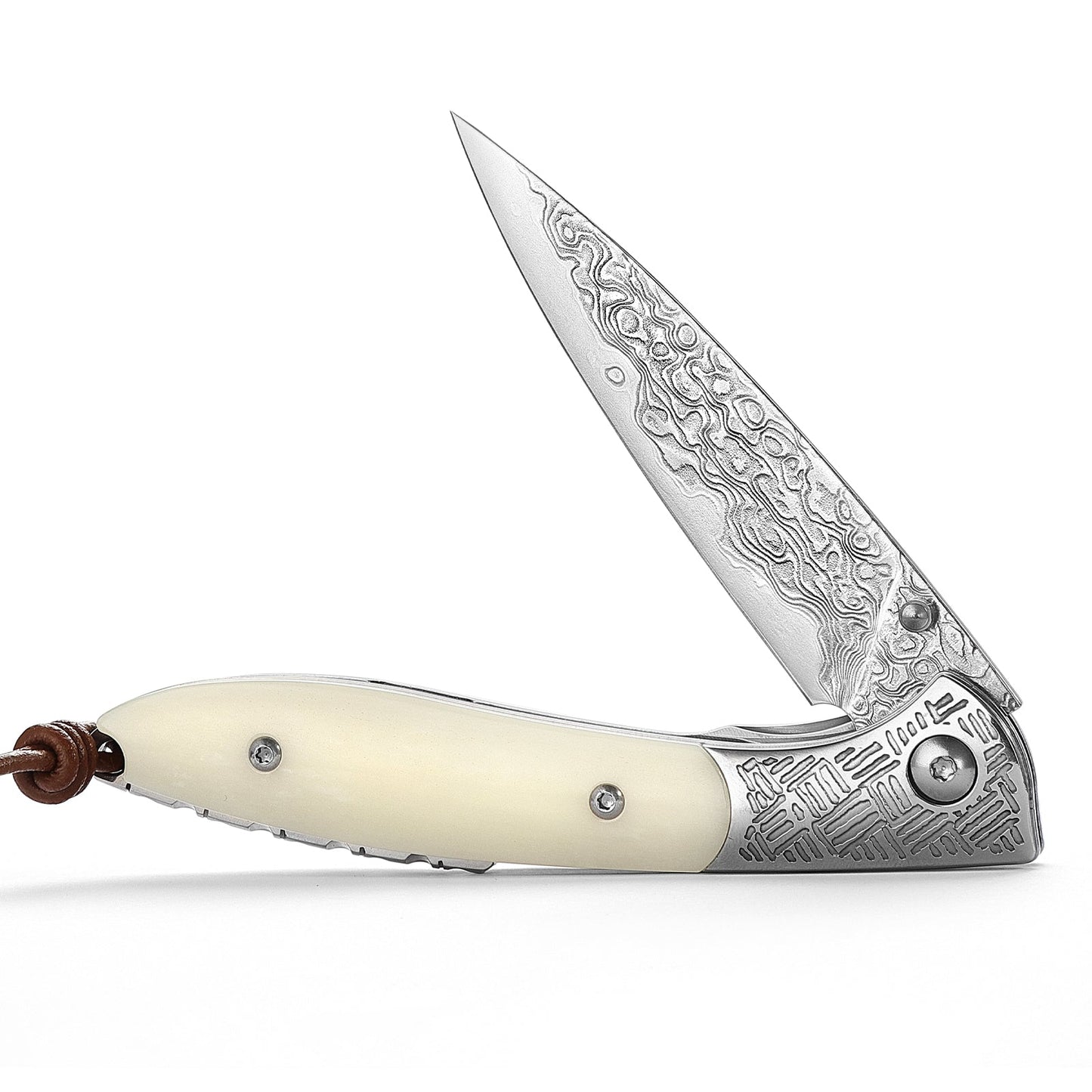 Piscis Austrinus-02W Handmade Pocket Knife with Leather Sheath,3.15in 67 Layers Damascus Steel Blade,Bone Handle