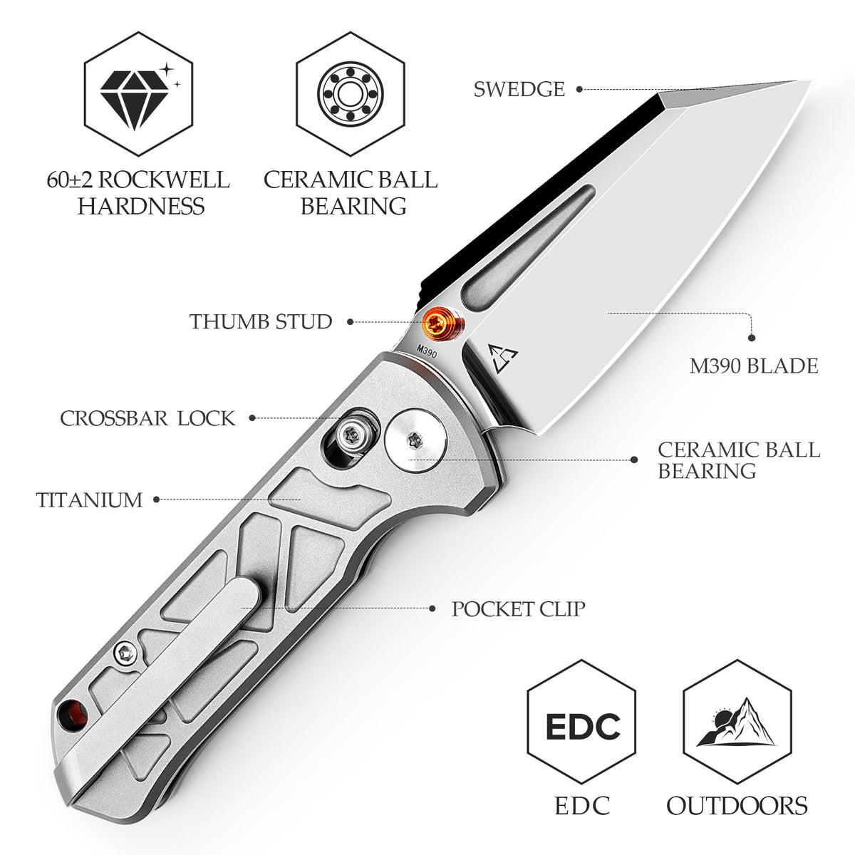 Skarn-M Crossbar Lock EDC Folding Pocket Knife,Mirror Finished 2.9'' M390 Steel Blade, Titanium Handle