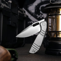 Gecko-P Liner Lock Folding Pocket Knife,Pearl and Satin Finished 3.4'' M390 Steel Blade,Titanium Handle