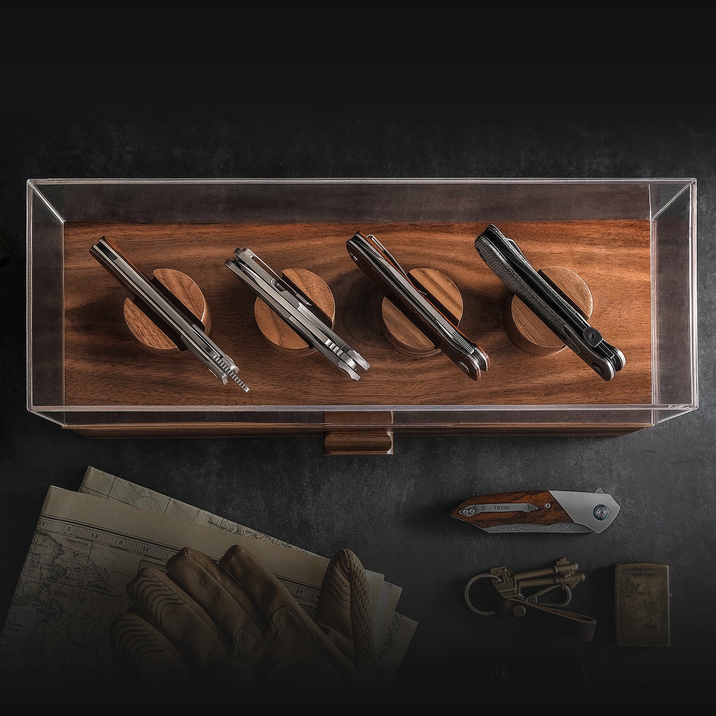 Walnut Wood Pocket Knife Display Case for EDC Tools