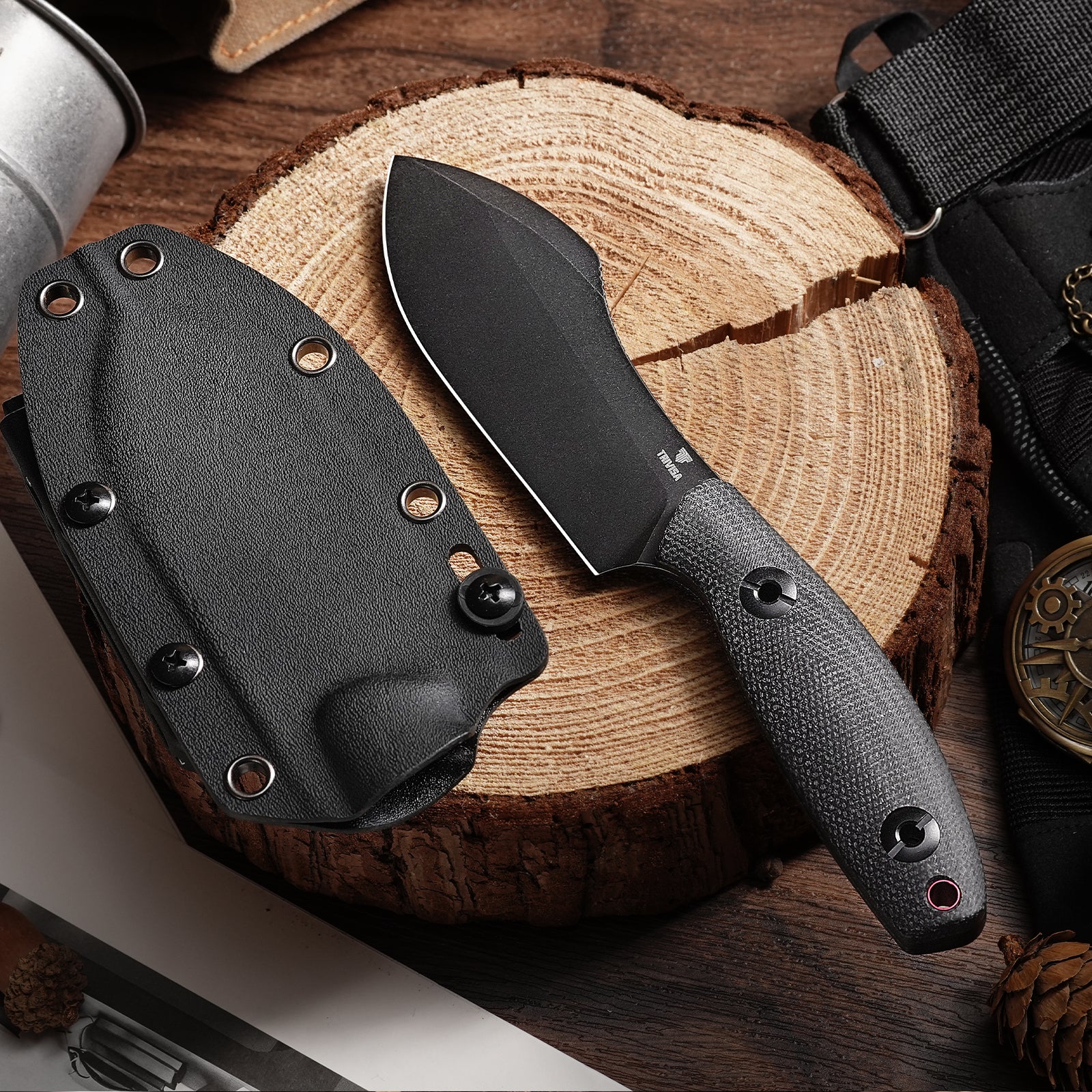 Pumpkin-BM Full-tang Straight Fixed Blade Knife, 3.9‘’14C28N Steel Stonewash Blade, Micarta Handle