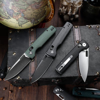 Sabretooth-GM Crossbar Lock Folding Pocket Knife,3.4'' 14C28N Steel Black Stonewashed Satin Blade, Green Micarta Handle