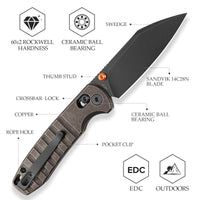 Firefly-CU Crossbar Lock EDC Folding Pocket Knife,2.99" 14C28N Steel Blade,Copper Handle