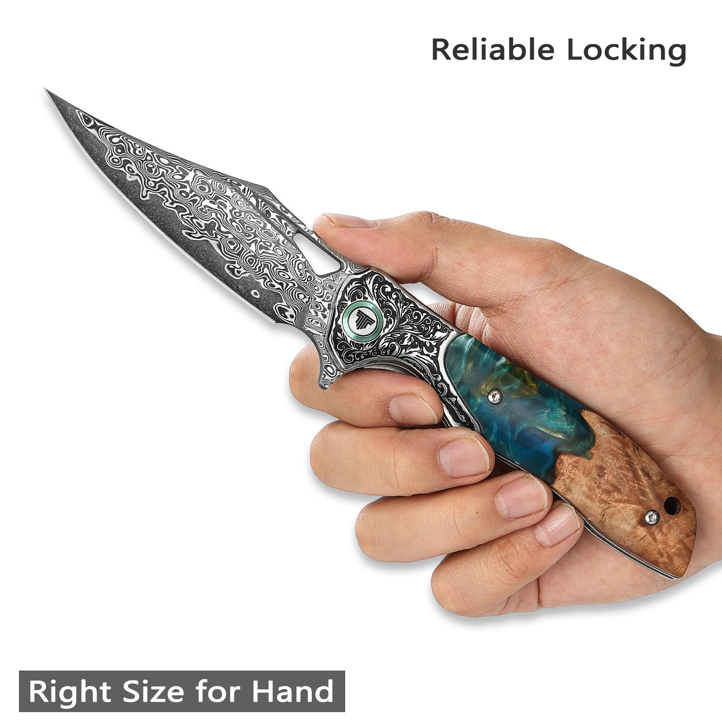 Apus-07C Liner Lock，3.77'' 67 Layesrs Damascus Steel Blade，Steel Bolster & Resin Wood Handle and Sheath