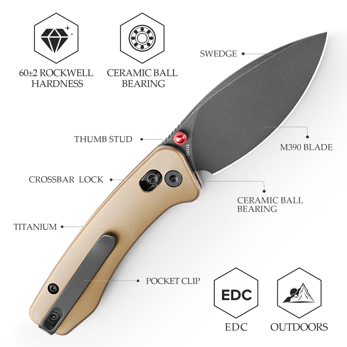 Koala Ultra-B Crossbar Lock EDC Folding Pocket Knife,2.56'' M390 Steel Blade, Titanium Handle