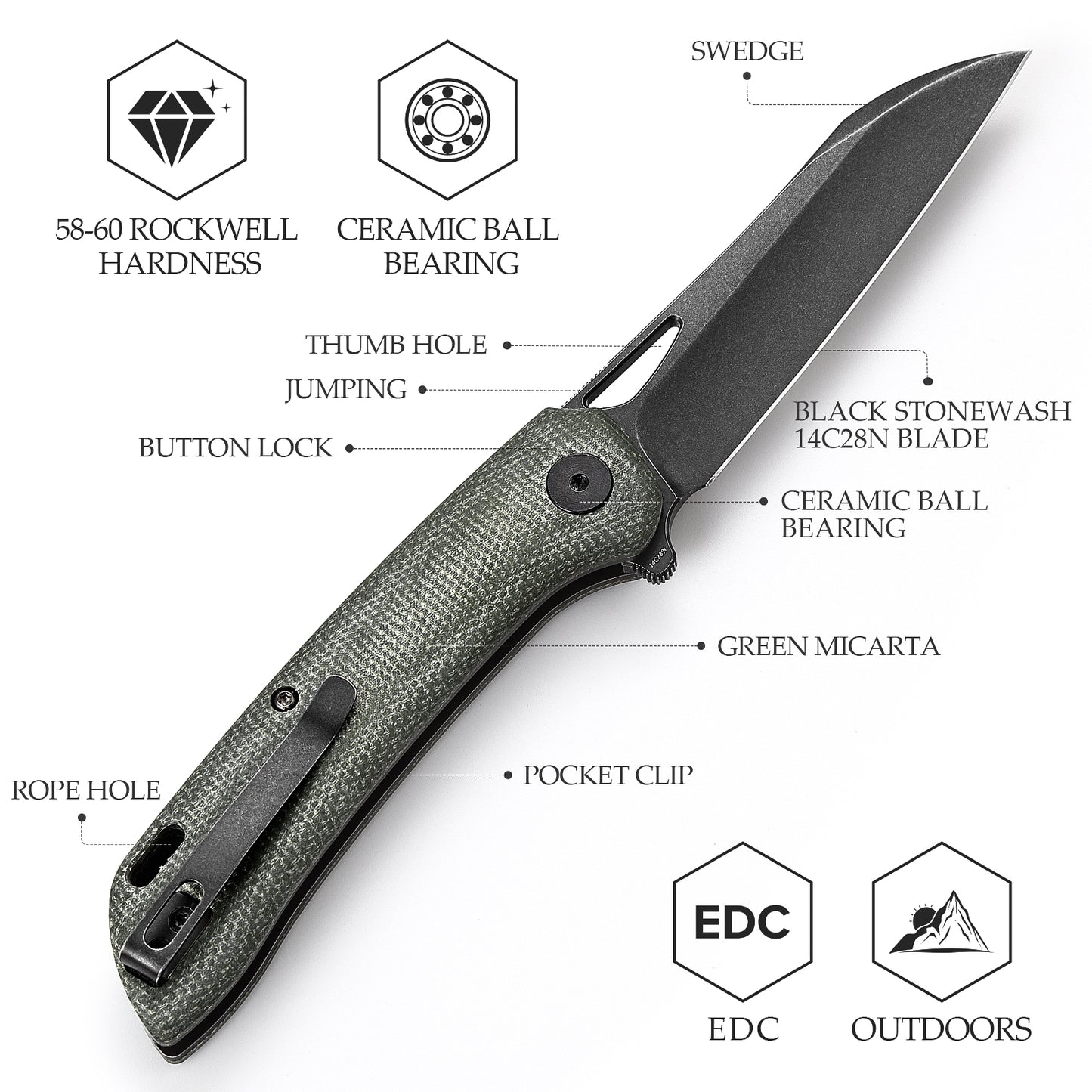 Aries-04G Button Lock,3.54" 14C28N Steel,Micarta Handle