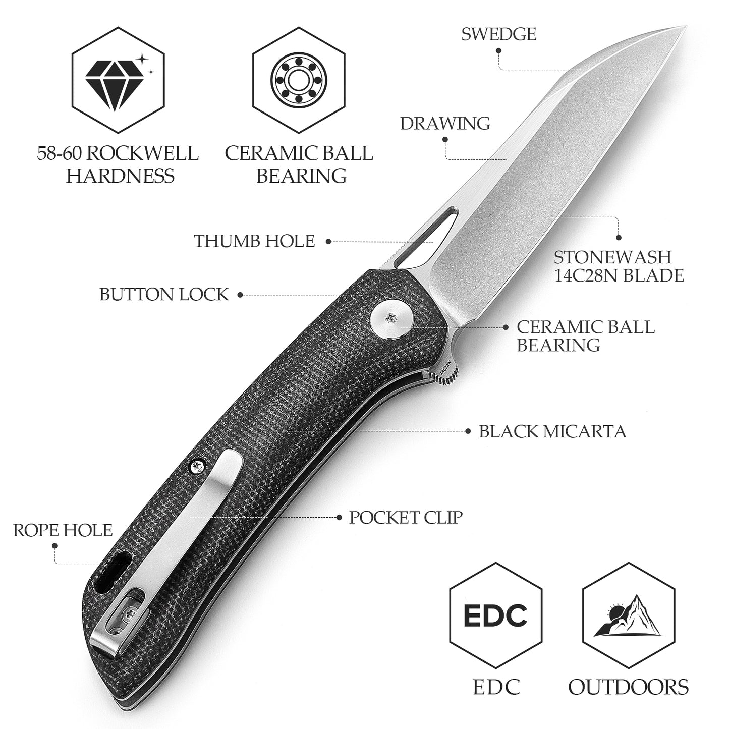 Aries-04B Button Lock,3.54" 14C28N Steel,Micarta Handle