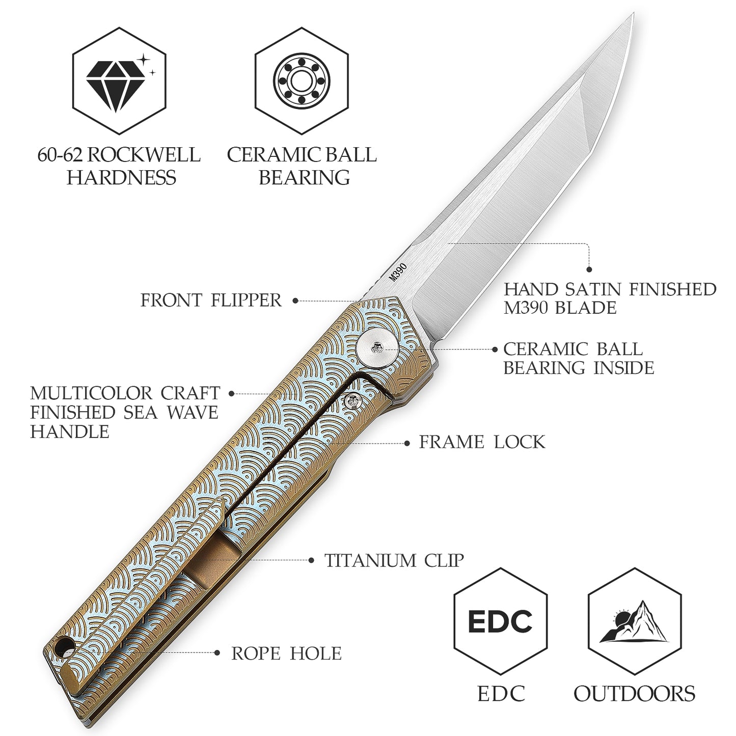 Cen-06BC Front Flipper ,3.6" M390 Steel,Sea Wave Titanium Handle