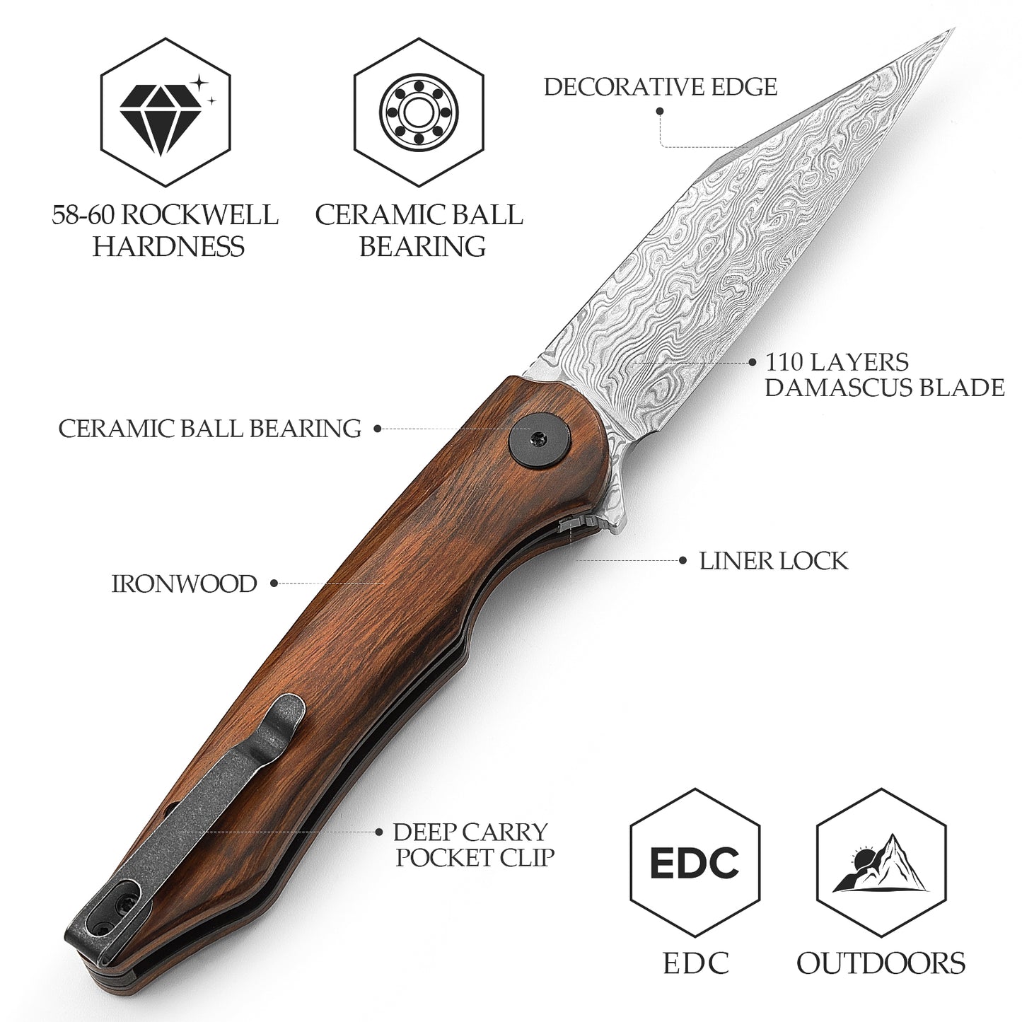 Lynx-01 Liner Lock,3.66" 110 Layers Damascus Steel,Ironwood Handle with Reversible Clip