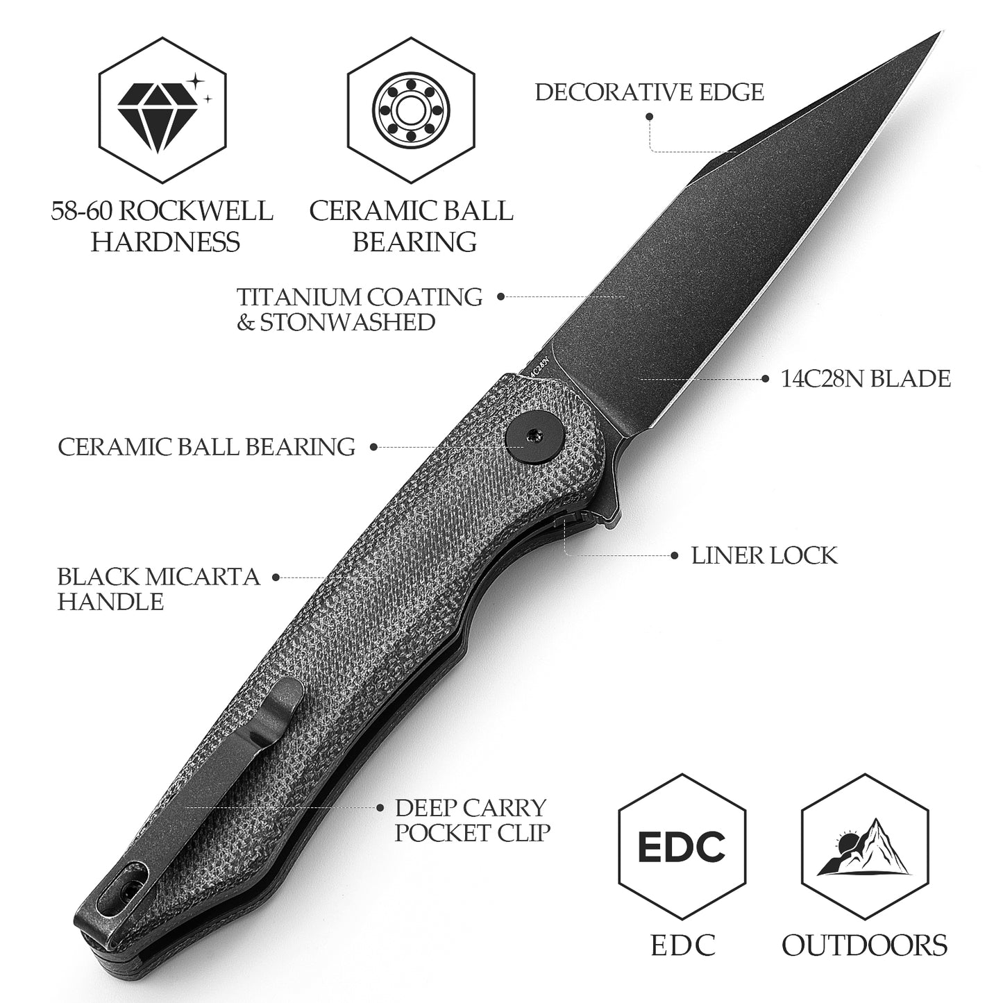 Lynx-04 Liner Lock,3.66" 14C28N Steel Black Stonewash Blade,Micarta Handle