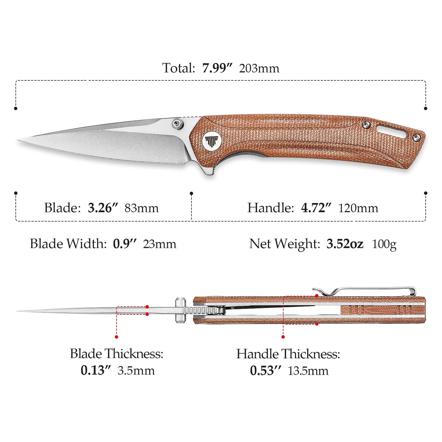 Volans-04O Thumb Stud,3.26" 154CM Steel,Brown Micarta Handle