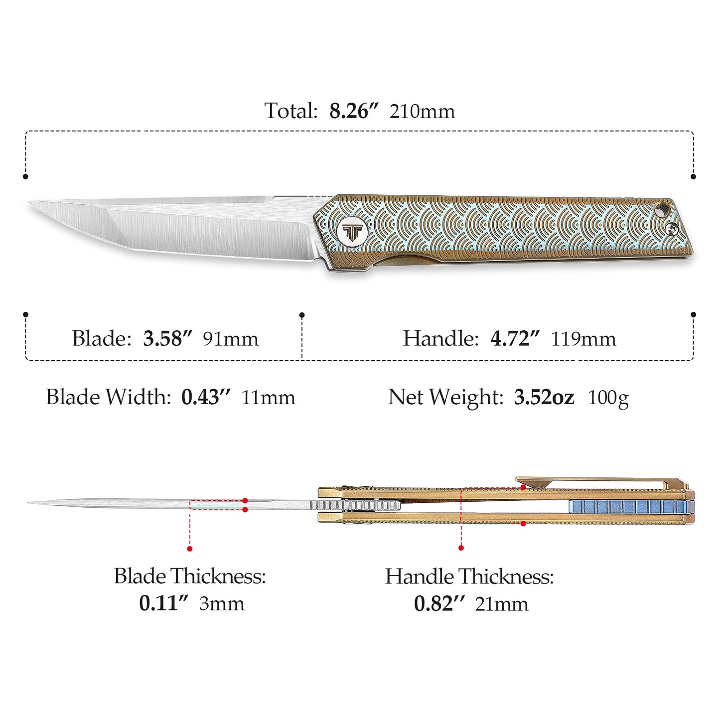 Cen-06BC Front Flipper ,3.6" M390 Steel,Sea Wave Titanium Handle