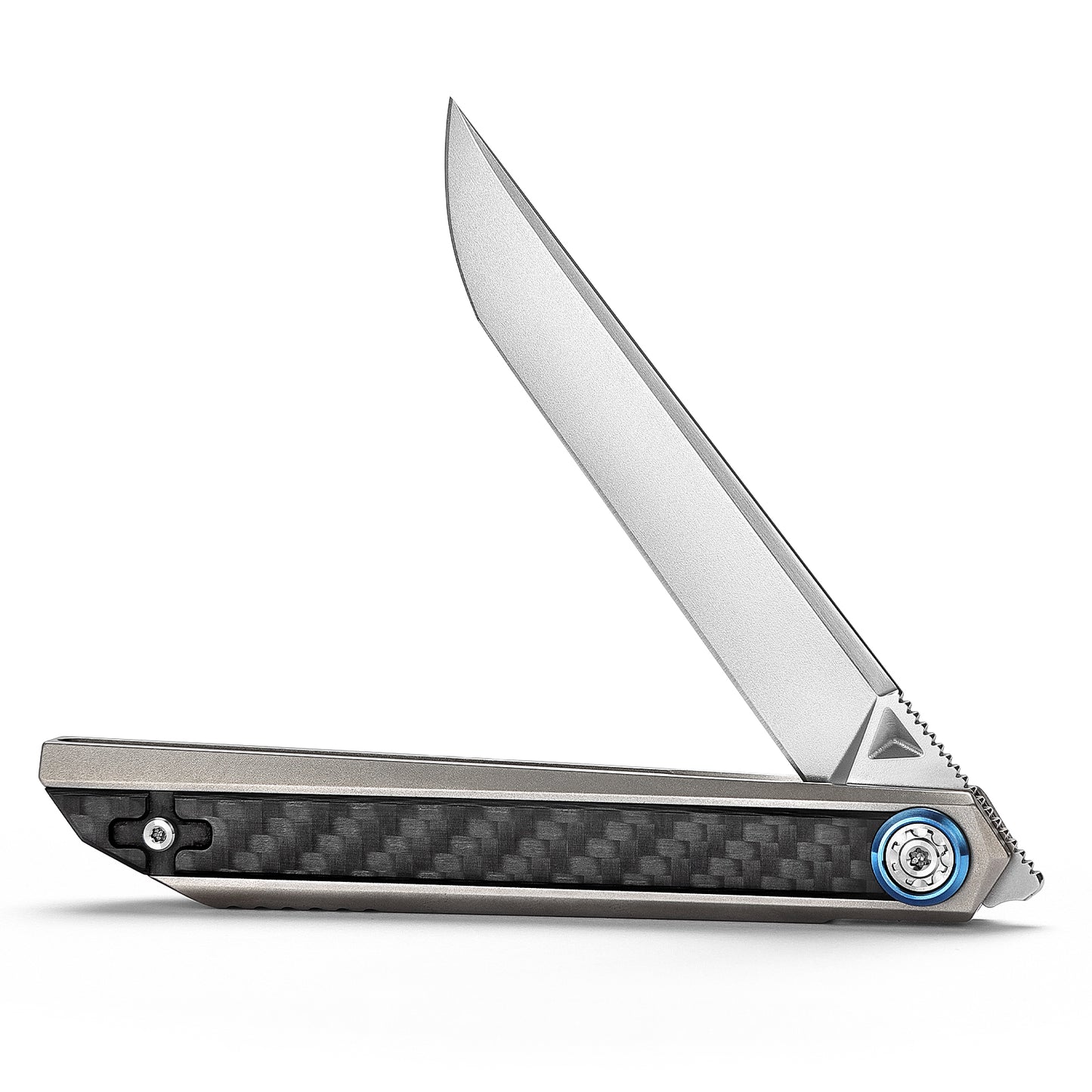 Cam-06GC Pearly Finished M390 Blade Integrated Titanium Handle with Carbon Fiber & Reversible Clip
